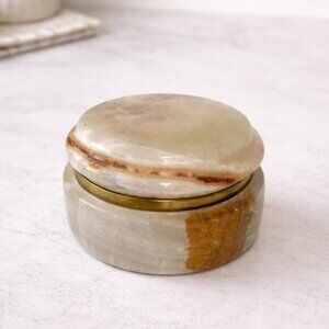 Vintage Onyx Stone Trinket Box with Brass Hinge – Round Marble Jewelry Box